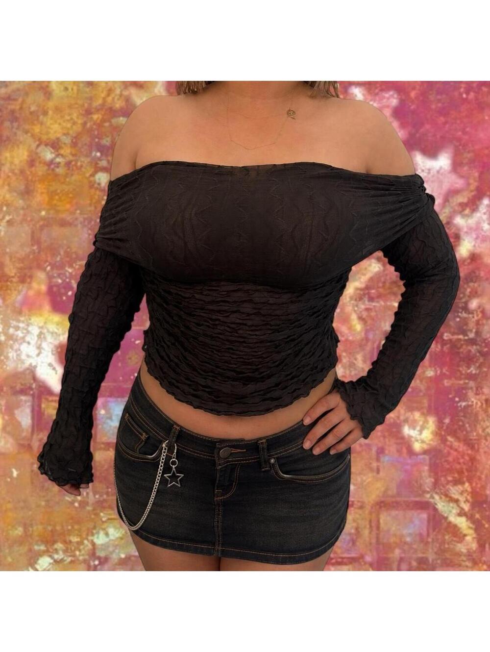 Windsor sheer charcoal gray off-the-shoulder textured knit top